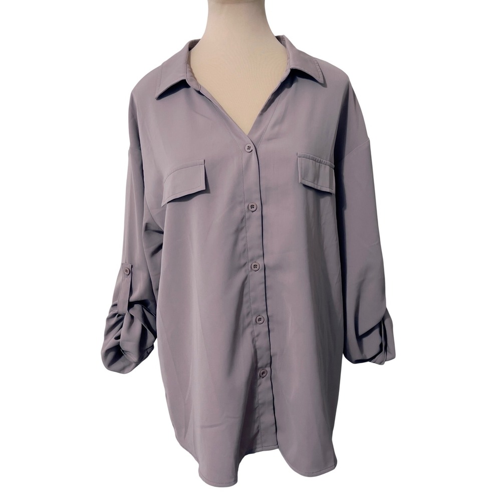 Lotusmile  Button Down Shirt XL‎ Taupe Purple Roll Tab Sleeve Utility Blouse